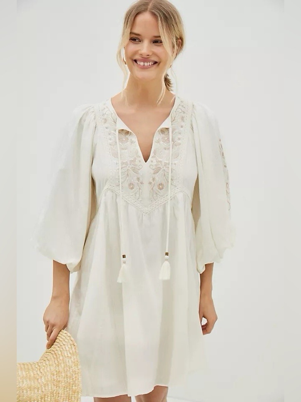 Anthropologie Viveka Embroidered Puff-Sleeve Mini Dress
